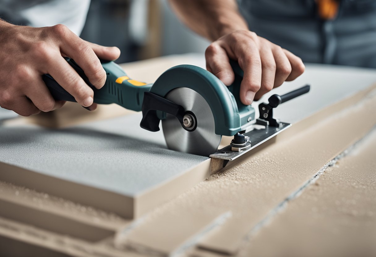 A worker cuts and joins plasterboard using professional tools and techniques
