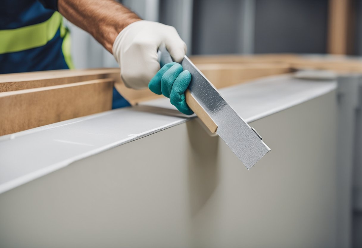 Drywall being installed with precision and care, following legal requirements and building regulations. Tools and materials neatly arranged