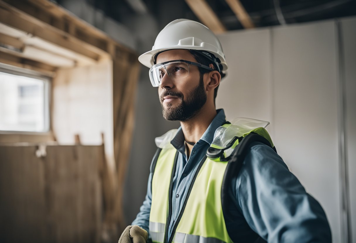 A worker wearing safety gear installs drywall with precision and efficiency, following guidelines in a detailed manual