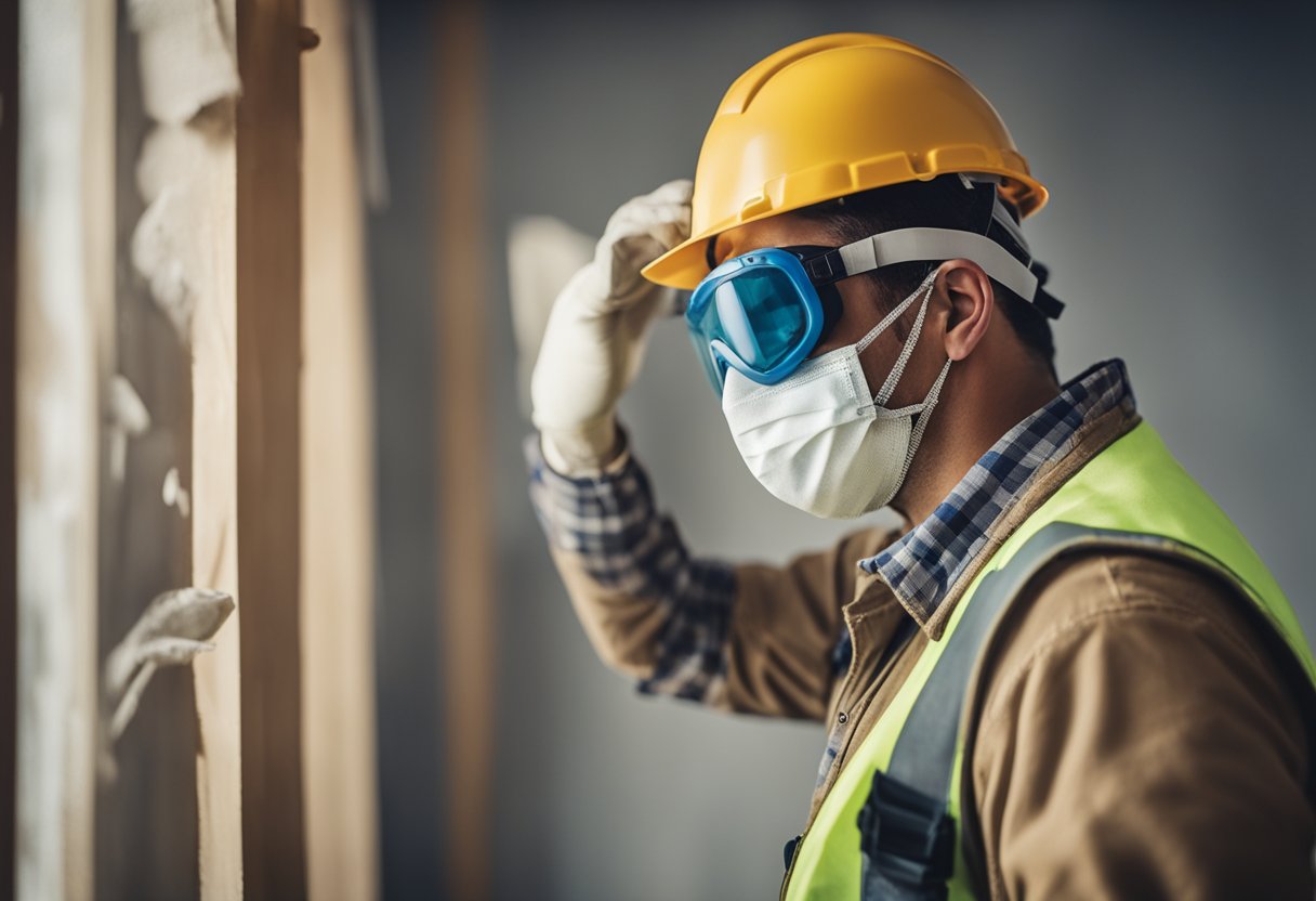 A person wearing a hard hat, safety goggles, gloves, dust mask, and work boots while plastering and installing drywall
