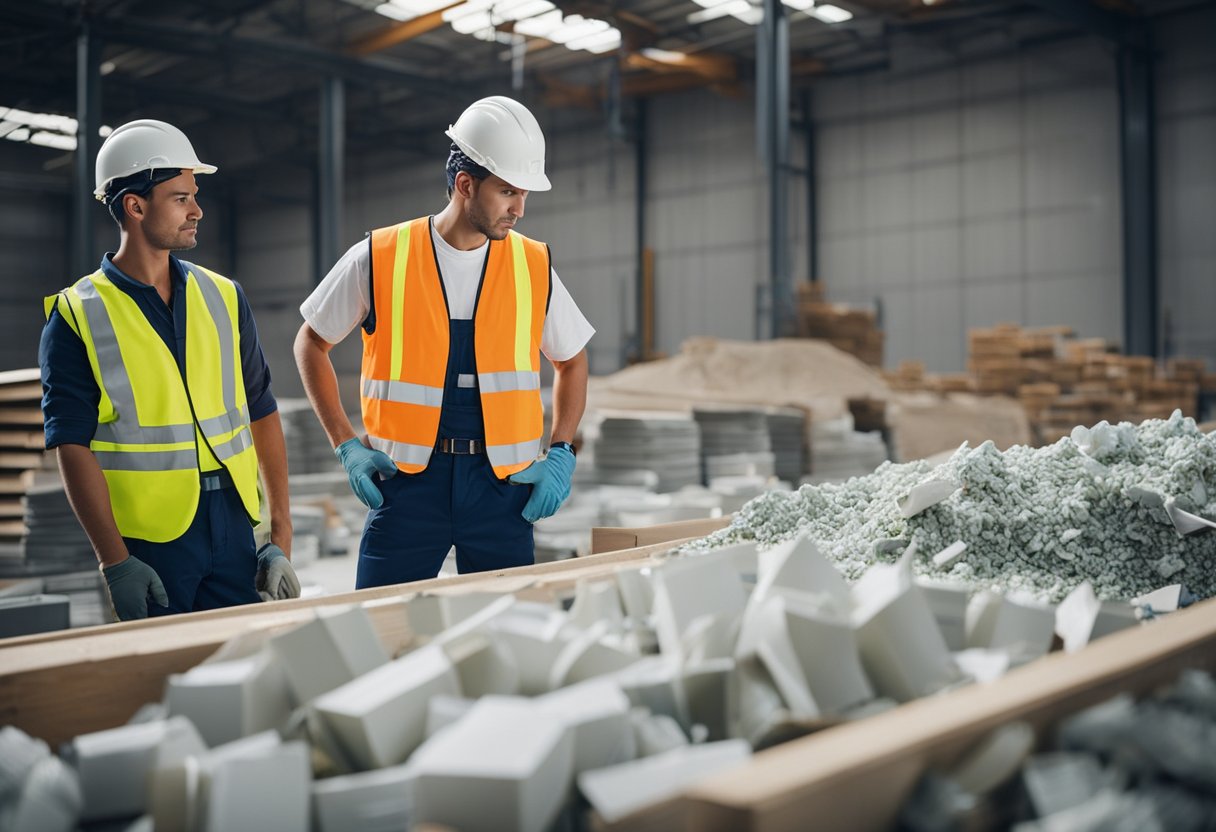 A construction site with proper waste segregation, workers installing drywall with precision, and labeled containers for recycling materials