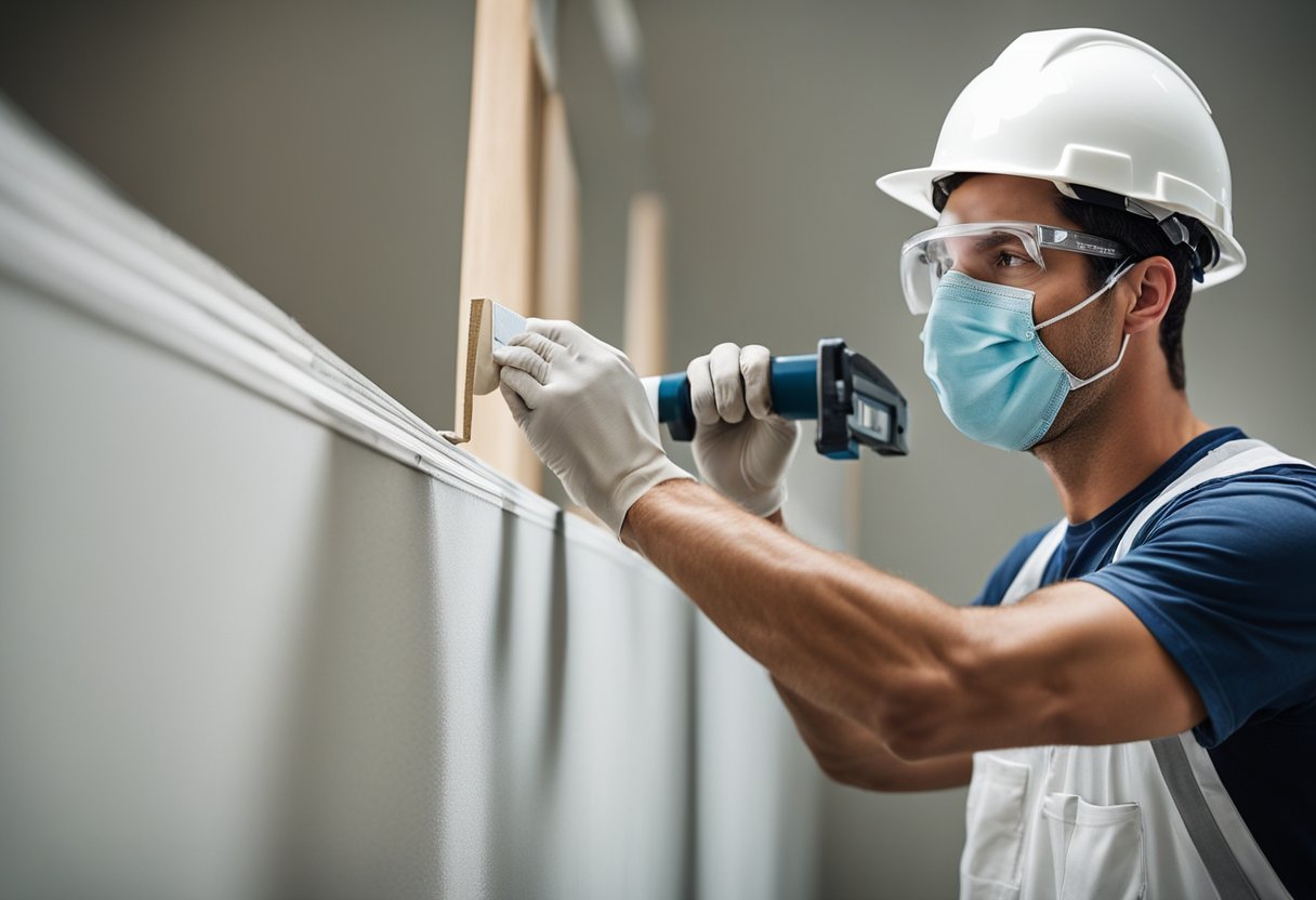 A worker measures, cuts, and installs drywall sheets with precision. They apply joint compound, tape, and sand to create a smooth finish