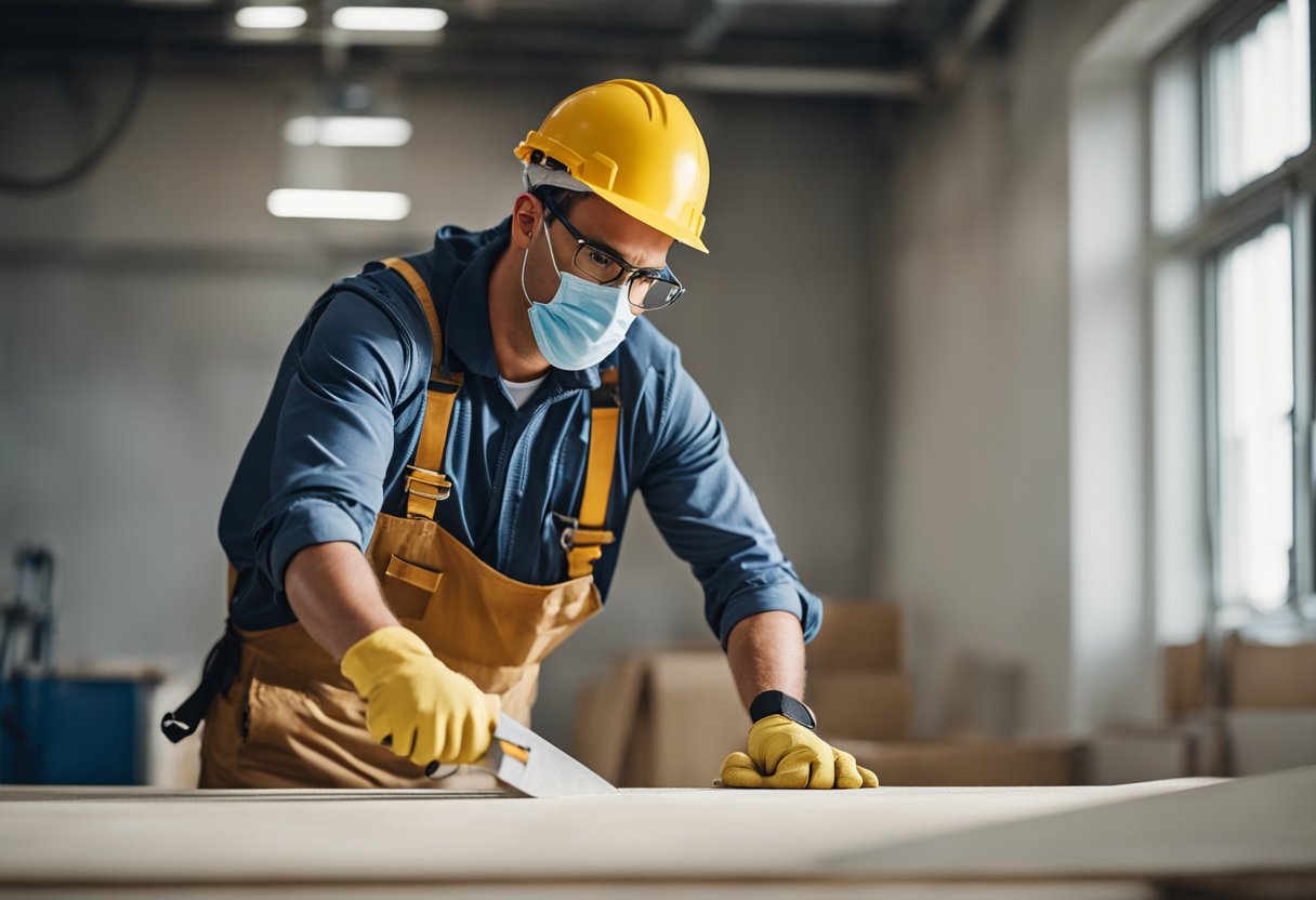 A professional worker cuts and joins plasterboard using safety equipment and following health guidelines